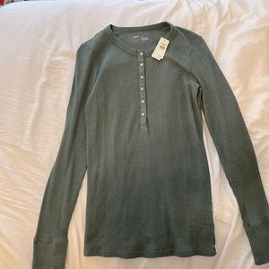 Henley textured, button-down olive green shirt